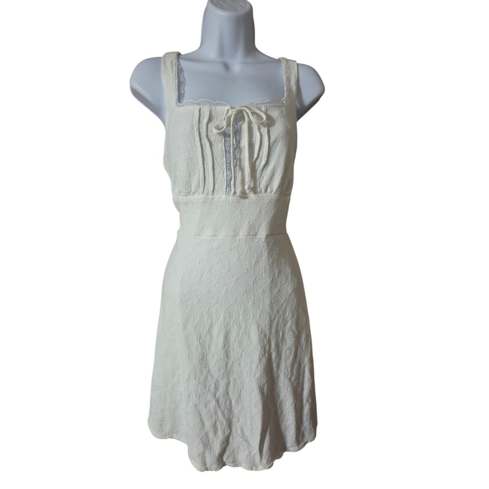 Sleeveless Ivory Linen Blend & Lace Mini Dress Juniors XL Smocked Coquette NWOT
